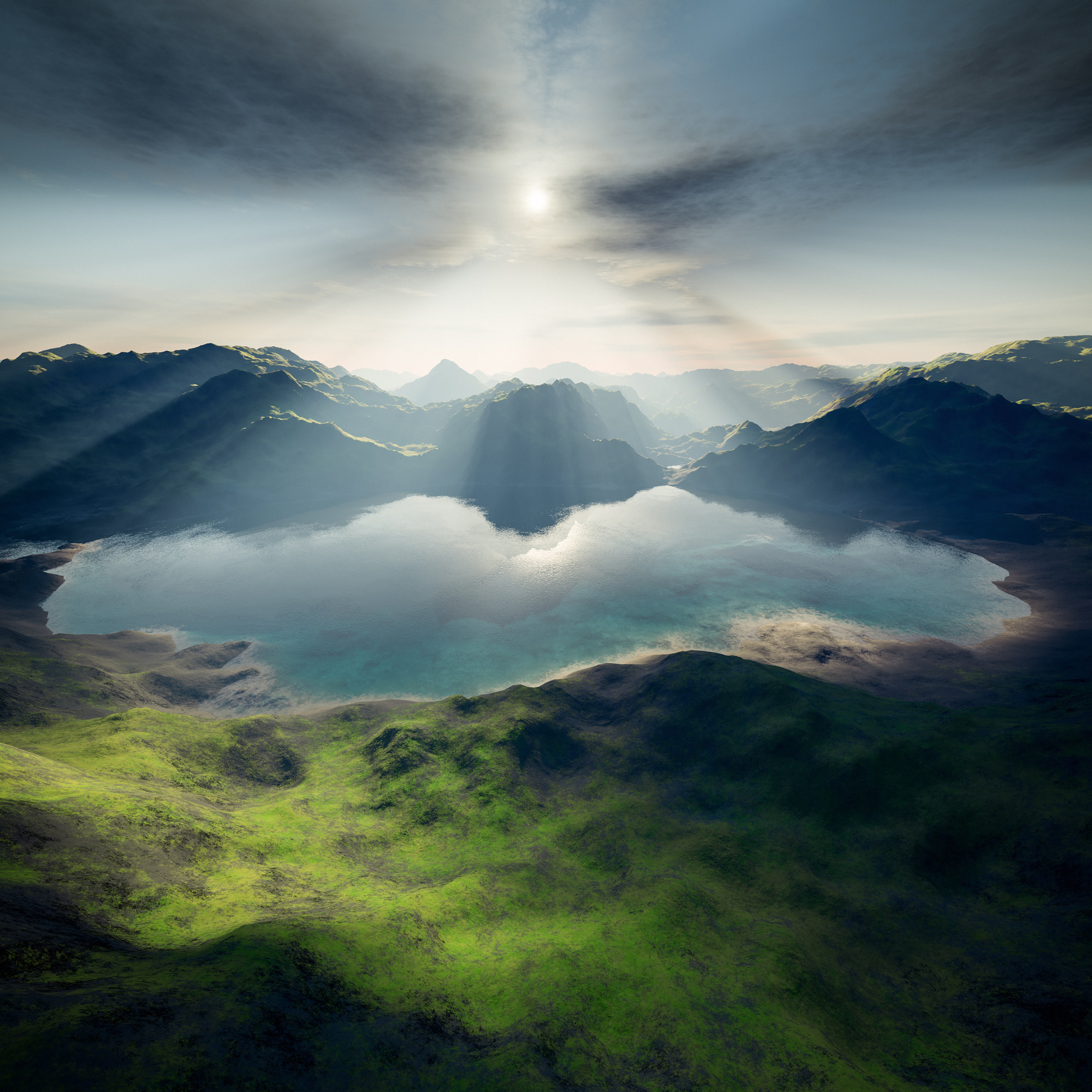 The sun rising over a lake in the mountains.