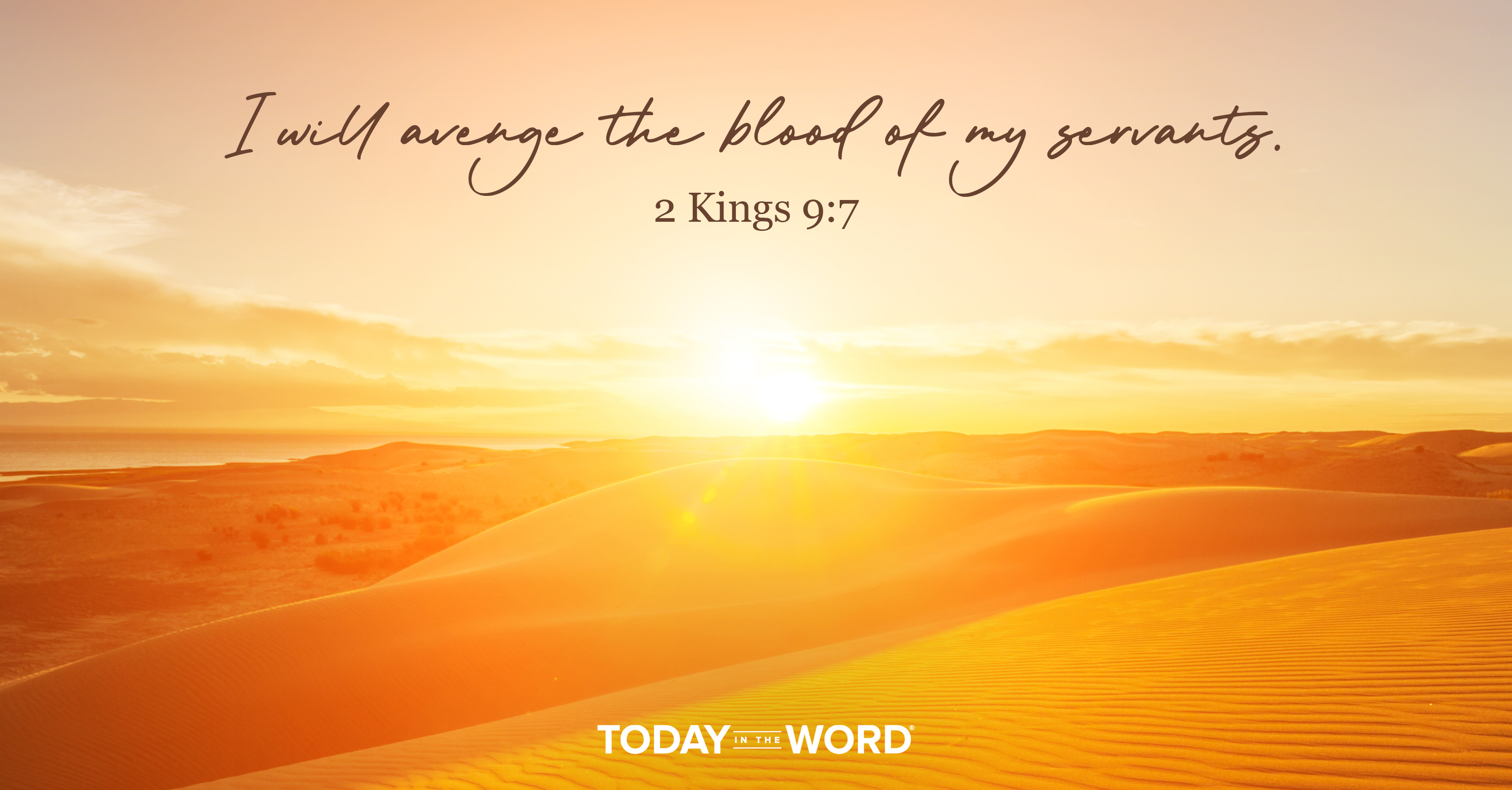 Today's daily devotional Bible verse: 2 Kings 9:7 I will avenge the blood of my servants. | Sun rising on the desert sand.